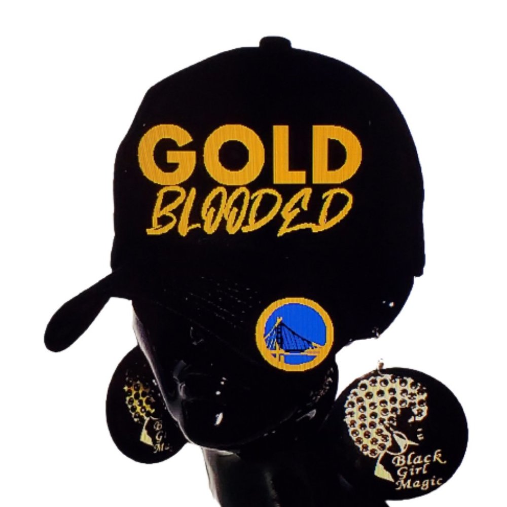 Gold Blooded Golden State Black Baseball Cap with Shiny Glitter Lettering.